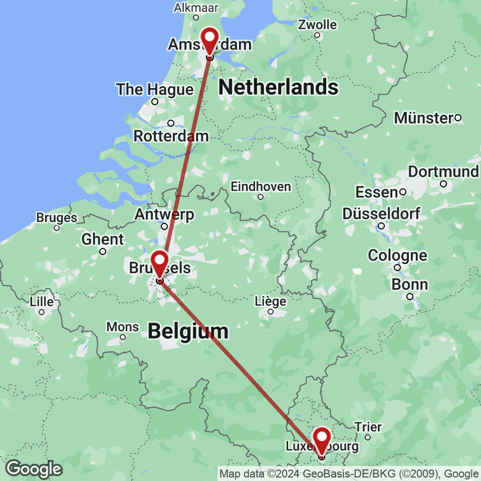 Route for Amsterdam, Brussels, Luxembourg City tour